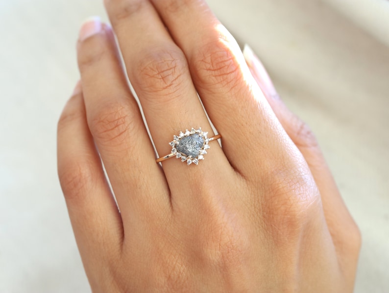 Raw Gray Diamond Engagement Ring, Rough Diamond Halo ring, Unique Proposal Ring in Gray Diamond halo ring, 2 carat Diamond, Rough diamond image 3