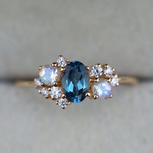 London Blue Topaz Engagement Ring: Diamond Cluster, Gold Band
