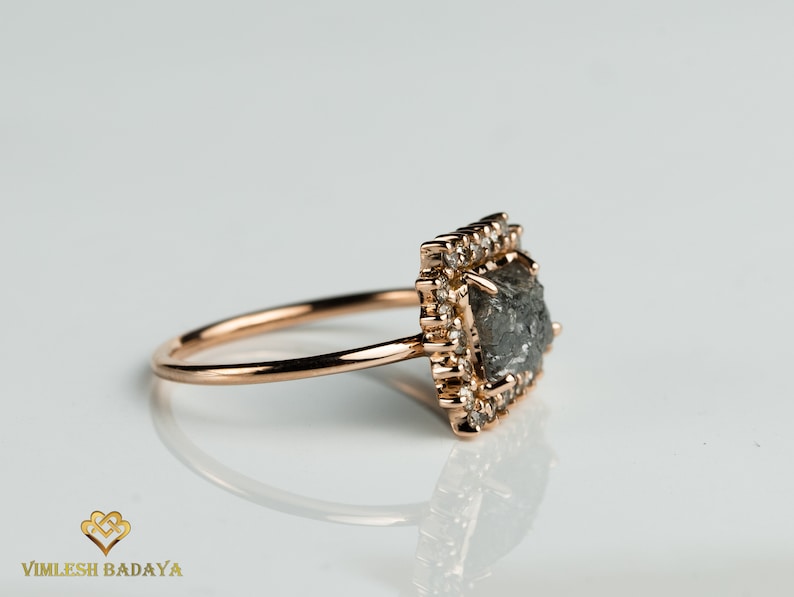 Raw Gray Diamond Engagement Ring, Rough Diamond Halo ring, Unique Proposal Ring in Gray Diamond halo ring, 2 carat Diamond, Rough diamond image 9