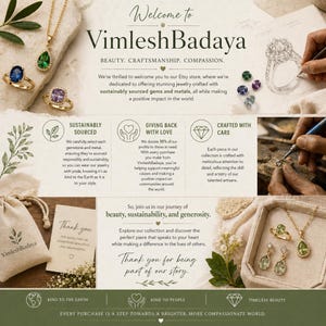 The image is a visually appealing advertisement for a jewelry store called "VimleshBadaya", which emphasizes its commitment to sustainability, craftsmanship, and giving back to the community.