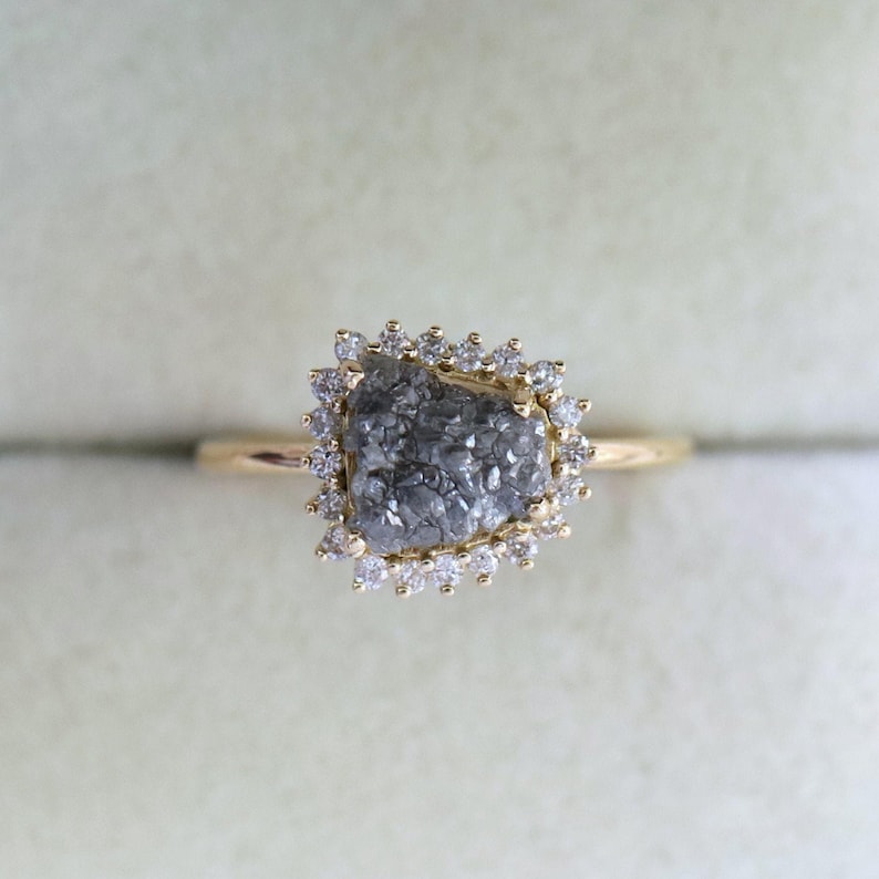 Diamond Halo Ring: Raw Gray Stone (2 Carat, Solid Gold Options) image 2