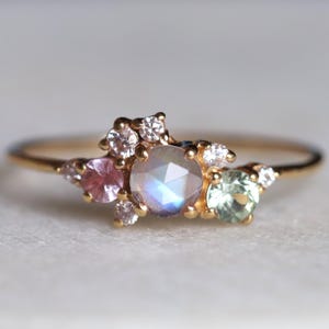 Cluster Engagement Ring, Rainbow Moonstone and Sapphire and Diamond, June Birthstone, Handcrafted Moonstone Ring, Gemstone Cluster Ring