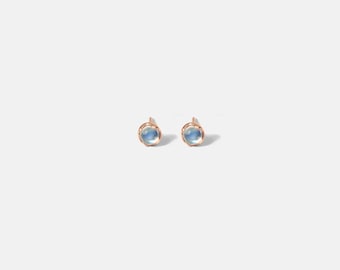 14k Solid Gold Moonstone Stud Earrings, Minimalist Round Studs