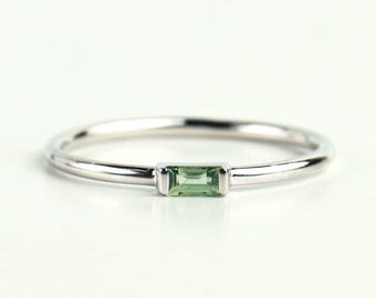Green Sapphire Baguette Ring | 14K Solid Gold Minimalist Sapphire Ring | September Birthstone Dainty Stacking Promise Anniversary Gift