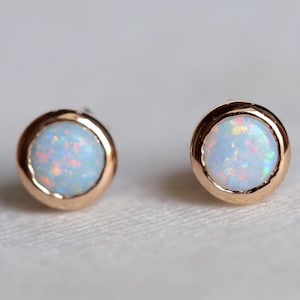 Fire Opal Stud Earrings in Solid Gold | Dainty Australian Opal Earrings | Tiny Wedding Earrings | October Birthstone Gift for Her