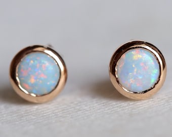 Fire Opal Stud Earrings in Solid Gold | Dainty Australian Opal Earrings | Tiny Wedding Earrings | October Birthstone Gift for Her