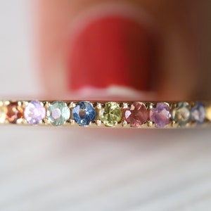 Half Eternity Rainbow Sapphire Wedding Band, Unique 2mm Wedding Ring with Colorful Sapphires, Stunning and Colorful Sapphire Band