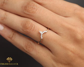 Marquise Diamond Curved Wedding Band, Solid Gold Stacking Ring