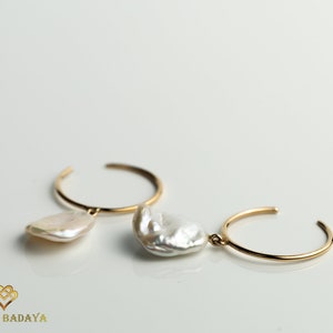 Pearl Hoop Earrings, Dangle Earrings, Baroque Pearl Earrings In Solid Gold, Gift For Her, Drop Earrings image 2