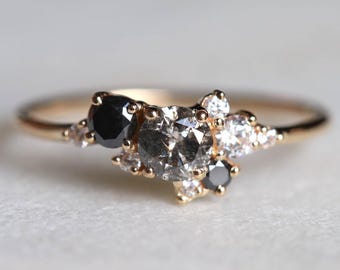 Salt and Pepper Gray Diamond Cluster Ring (9k,14k,18k Gold, Sizes 3-9)
