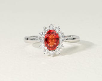Orange Sapphire Halo Ring | Oval Cut, White Gold & Diamond Accents