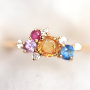 Multi Sapphire Ruby & Diamond Cluster Ring | Colorful Gemstone Engagement Ring | Solid Gold Rainbow Cluster Ring | Unique Gift for Her