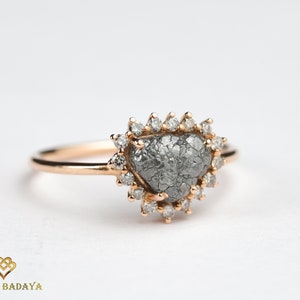 Raw Gray Diamond Engagement Ring, Rough Diamond Halo ring, Unique Proposal Ring in Gray Diamond halo ring, 2 carat Diamond, Rough diamond image 6