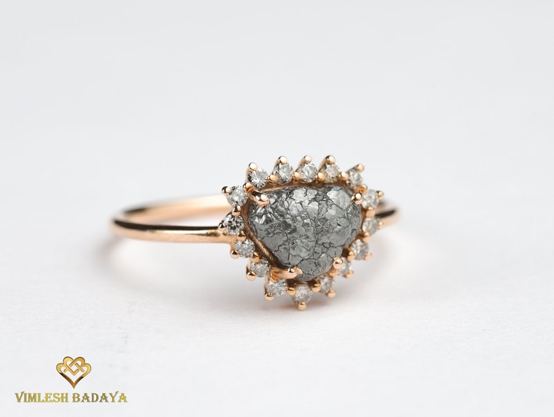 Raw Gray Diamond Engagement Ring, Rough Diamond Halo ring, Unique Proposal Ring in Gray Diamond halo ring, 2 carat Diamond, Rough diamond image 6