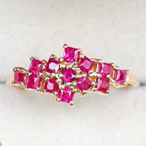 Red Ruby Princess Cluster Ring, Solid Gold Engagement Ring