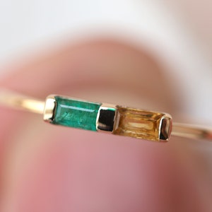 Emerald and Citrine Baguette Stacking Ring | Dual Gemstone Stackable Ring | Dainty and Elegant Baguette Ring