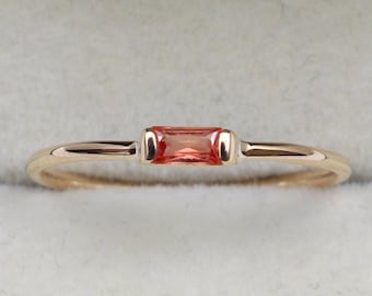 Orange Sapphire Baguette Ring | 14K Solid Gold Minimalist Sapphire Ring | September Birthstone Dainty Stacking Promise Anniversary Gift