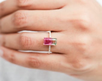 Tourmaline Ring Watermelon Engagement Band, Bicolor Gemstone (14k Solid Gold, Sizes 3-9, Customizable)