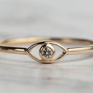 Solid Gold Evil Eye Diamond Ring, Dainty Minimal Gold Good Luck Ring, Boho Jewelry, Minimal Stacking Ring, Gold Diamond Evil Eye Ring