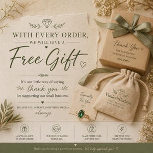 The image is an advertisement for a gift shop, featuring a free gift with every order, a bag, and a ring. The text on the image includes a message of gratitude and appreciation, and the shop's name, Vimesh Badaya, is displayed.