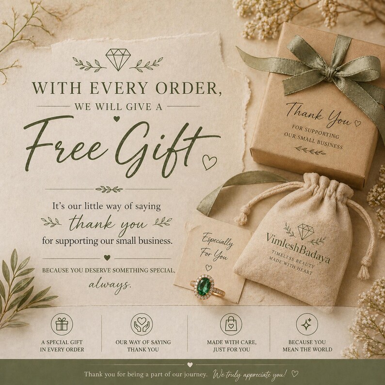 The image is an advertisement for a gift shop, featuring a free gift with every order, a bag, and a ring. The text on the image includes a message of gratitude and appreciation, and the shop's name, Vimesh Badaya, is displayed.