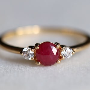 Ruby Diamond Three Stone Ring - Earth Mined Natural Rose Cut Round Red Ruby with Diamonds - Three Stone Promise Ring - Anniversary Gift
