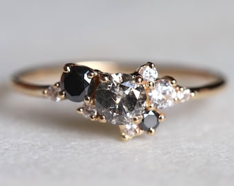 Salt and Pepper Diamond Cluster Ring | 14k Gold Engagement Ring
