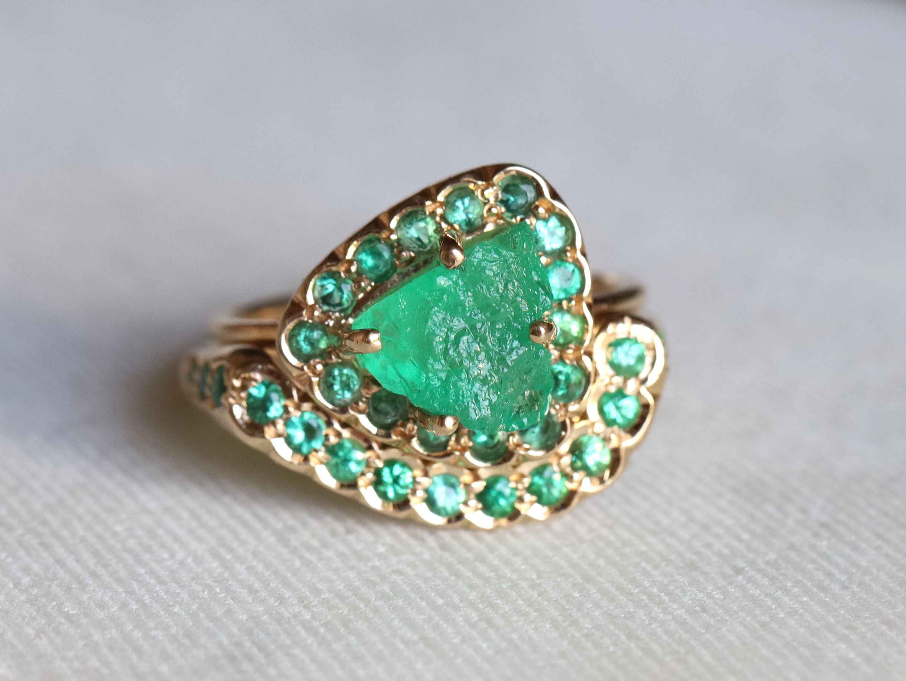 Raw Emerald ring Emerald engagement ring set Emerald ring Etsy