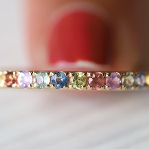 Rainbow Sapphire Wedding Band, Solid Gold Half Eternity Ring
