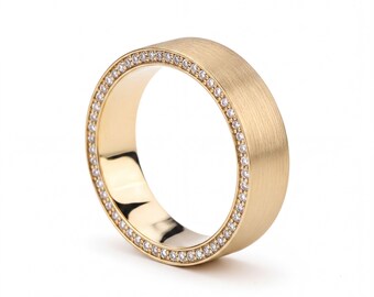 Chunky Gold Diamond Band Ring, Matte Brushed Finish (Wide Cigar Style)