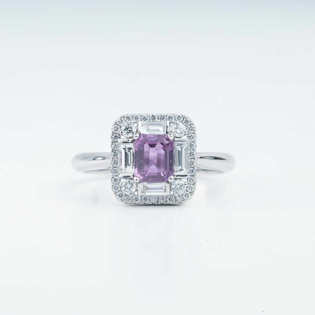 Vintage Pink Sapphire Halo Engagement Ring – Emerald Cut, White Gold ...