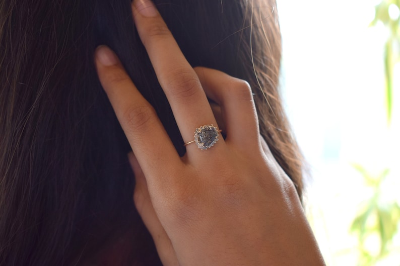 Raw Gray Diamond Engagement Ring, Rough Diamond Halo ring, Unique Proposal Ring in Gray Diamond halo ring, 2 carat Diamond, Rough diamond image 4