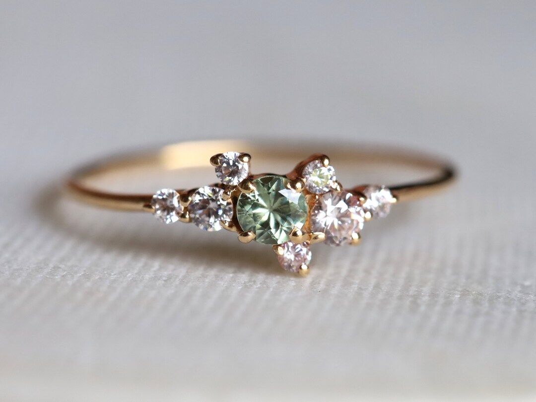 Cluster Engagement Ring, Green Sapphire Engagement Ring, Sapphire ...