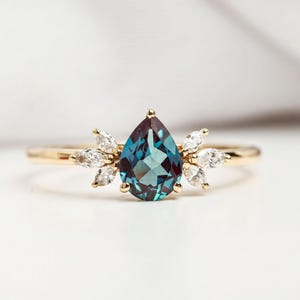Alexandrite Ring - Pear Cut Diamond Halo | Solid 14K Gold | Color Change Gemstone, US 3-9