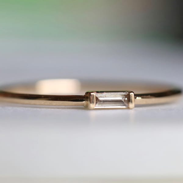 Solid Gold Diamond Baguette Stacking Ring, Minimalist Style in 9k/14k/18k