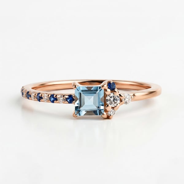 Fyrkantig akvamarin diamantring, förlovningsring i massivt guld