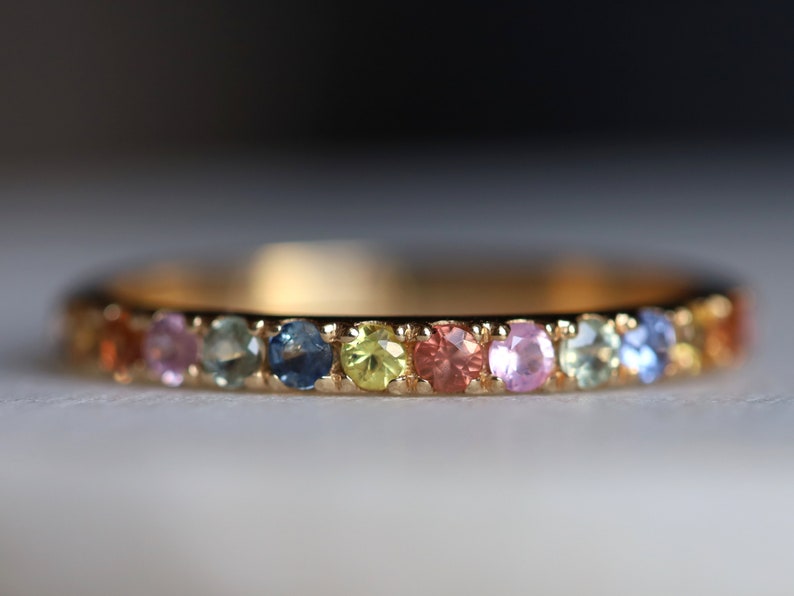 Half Eternity Rainbow Sapphire Wedding Band, Unique 2mm Wedding Ring ...