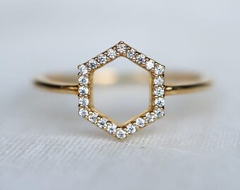 Hexagon Diamond Ring: Minimalist Gold Stacking Band