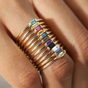 Baguette Gemstone Stacking Ring | Aquamarine, Garnet, Moonstone, Topaz, Citrine, Tourmaline | Dainty 14k Gold Birthstone Gift Ring for Her