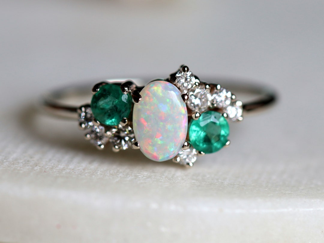 Opal and Emerald Ring Cluster Ring Opal Engagement Ring
