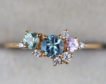 Anel de Noivado Cluster: Água-marinha, Safira e Diamante - Ouro 9k, 14k e 18k
