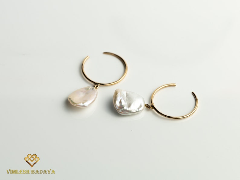 Pearl Hoop Earrings, Dangle Earrings, Baroque Pearl Earrings In Solid Gold, Gift For Her, Drop Earrings image 1