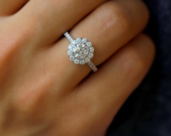 GIA 1 Carat Diamond Halo Ring, 18k Gold Engagement, Unique Design