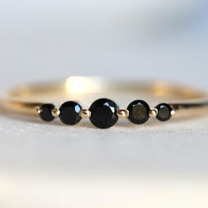 Dainty Black Diamond Stacking Ring, Solid Gold Five Stone Band
