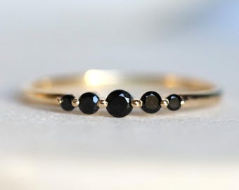 Dainty Black Diamond Stacking Ring, Solid Gold Five Stone Band