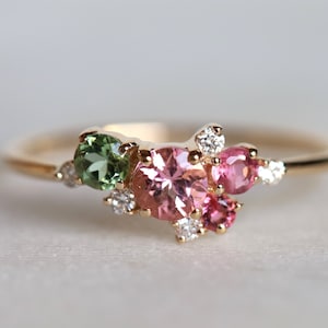 Cluster Tourmaline Engagement Ring, Pink and Green Tourmaline Ring, October Birthstone Tourmaline Engagement Ring, Gift For Her