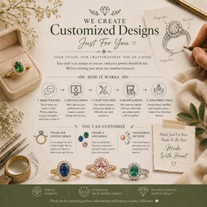 The image is a collage of various jewelry designs and a handwritten note, showcasing the process of creating customized designs.
