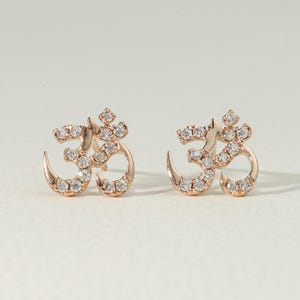 Solid Gold Om Diamond Stud Earrings | Hindu Jewelry