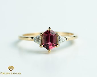 Anillo de compromiso de oro amarillo de 14 quilates con turmalina rubelita, certificado por IGI, diseño Art Déco.