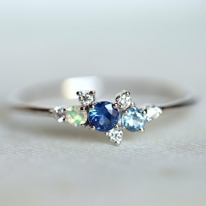 Saphir-Opal-Aquamarin-Cluster-Ring | 14k Solid Gold Geburtsstein Verlobungsring | Marz Geburtsstein Schmuck | Jubiläumsgeschenk
